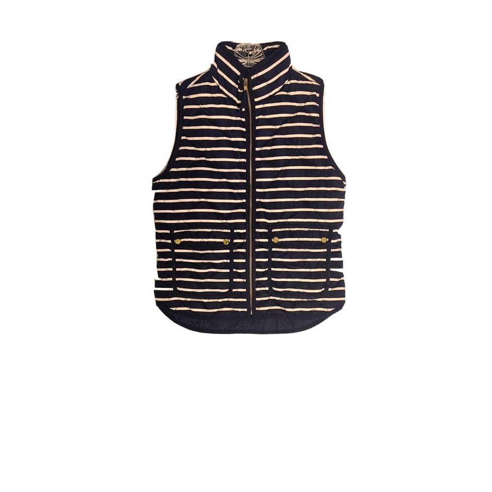 J. CREW DOWN FILLED PUFFER VEST WOMEN'S SIZE SMALL STRIPES FULL ZIP POCKETS NAVY